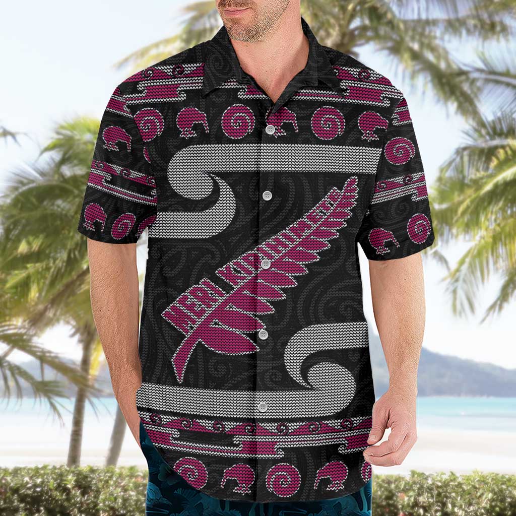 New Zealand Christmas Hawaiian Shirt Meri Kirihimete Silver Fern Knit Style Pink Color - Polynesian Pride