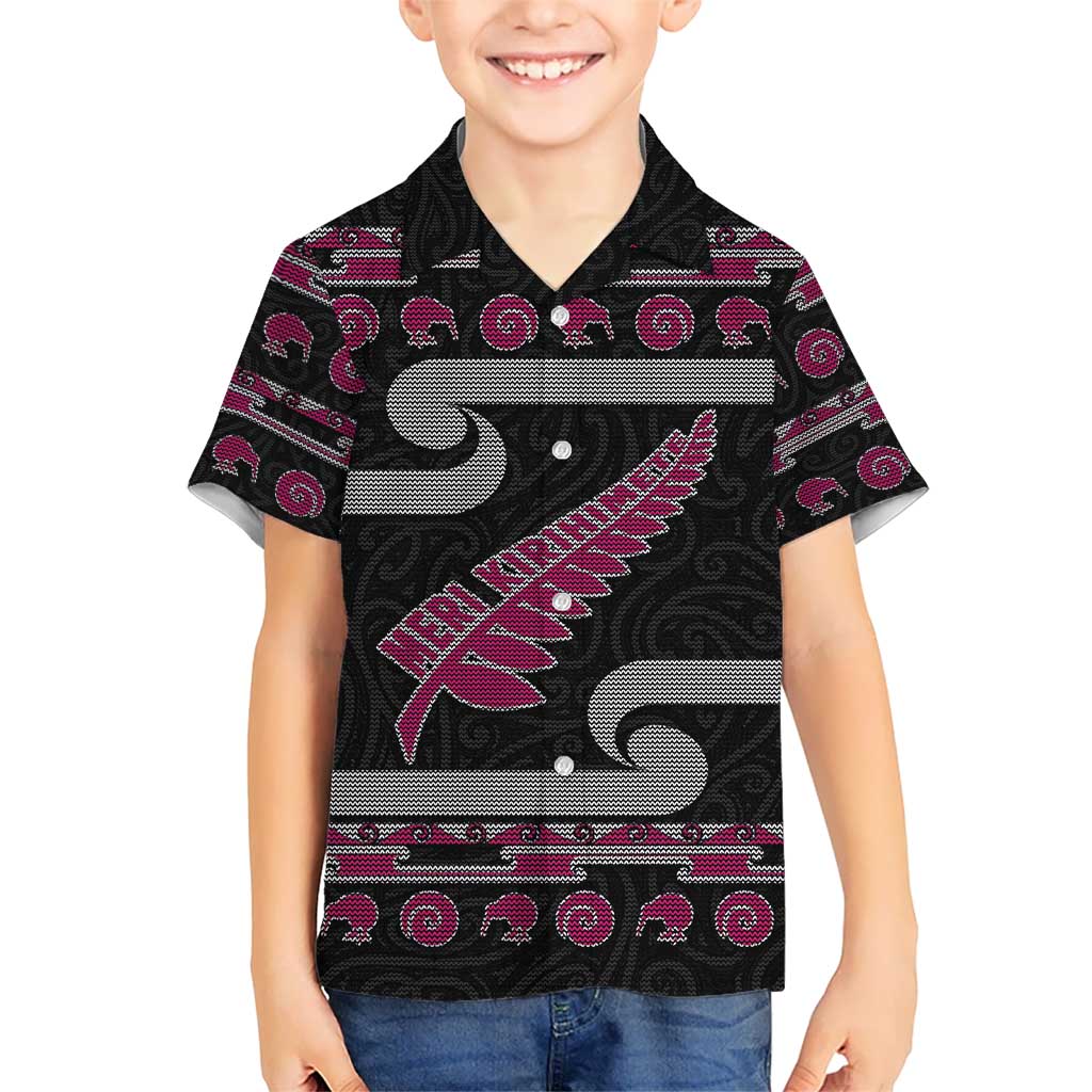 New Zealand Christmas Kid Hawaiian Shirt Meri Kirihimete Silver Fern Knit Style Pink Color - Polynesian Pride