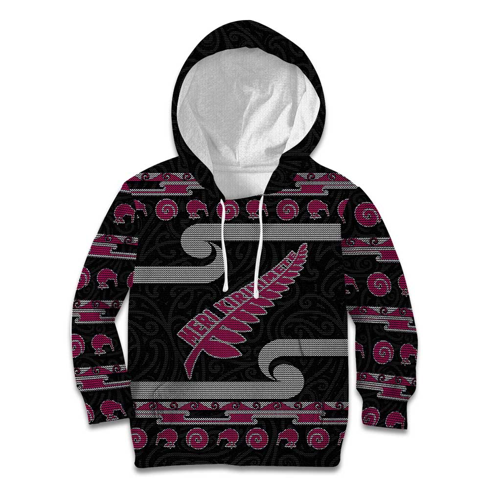 New Zealand Christmas Kid Hoodie Meri Kirihimete Silver Fern Knit Style Pink Color - Polynesian Pride