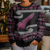 New Zealand Christmas Kid Ugly Christmas Sweater Meri Kirihimete Silver Fern Knit Style Pink Color - Polynesian Pride