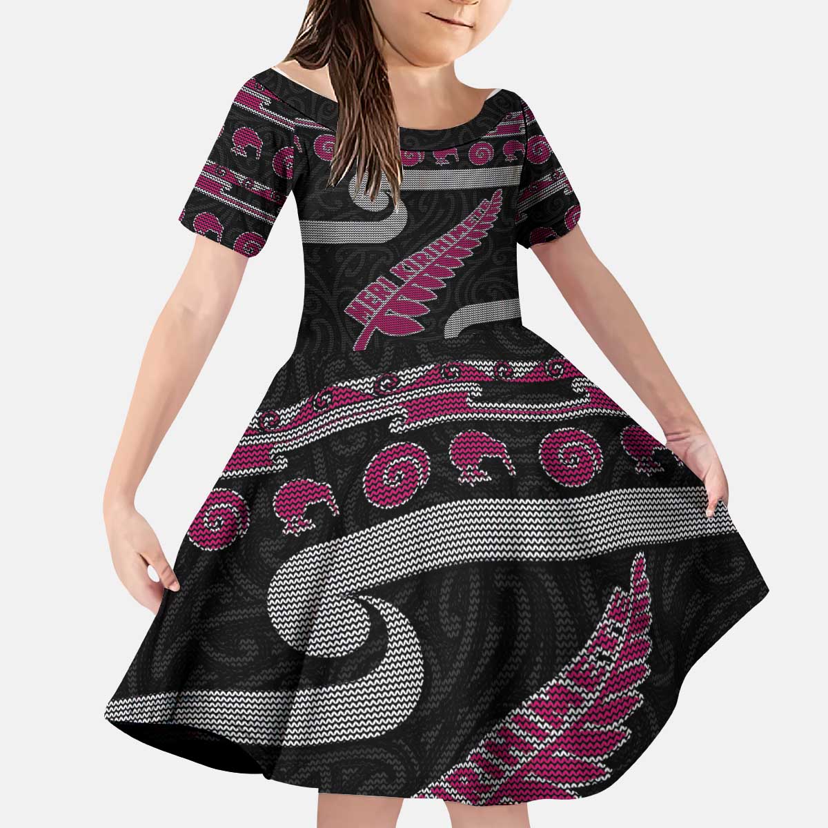 New Zealand Christmas Kid Short Sleeve Dress Meri Kirihimete Silver Fern Knit Style Pink Color - Polynesian Pride