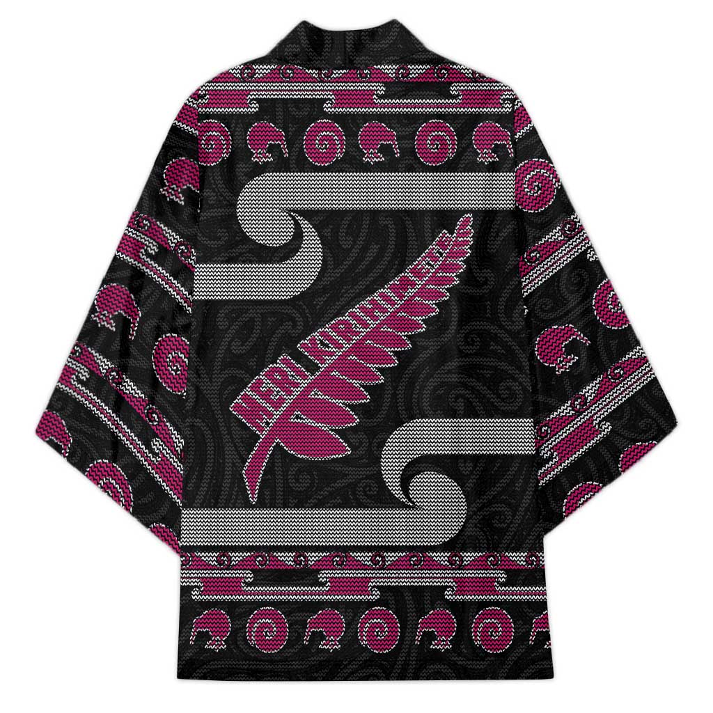 New Zealand Christmas Kimono Meri Kirihimete Silver Fern Knit Style Pink Color - Polynesian Pride