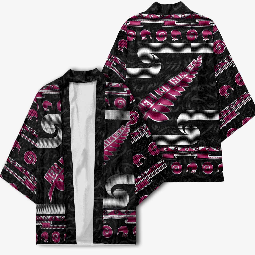 New Zealand Christmas Kimono Meri Kirihimete Silver Fern Knit Style Pink Color - Polynesian Pride