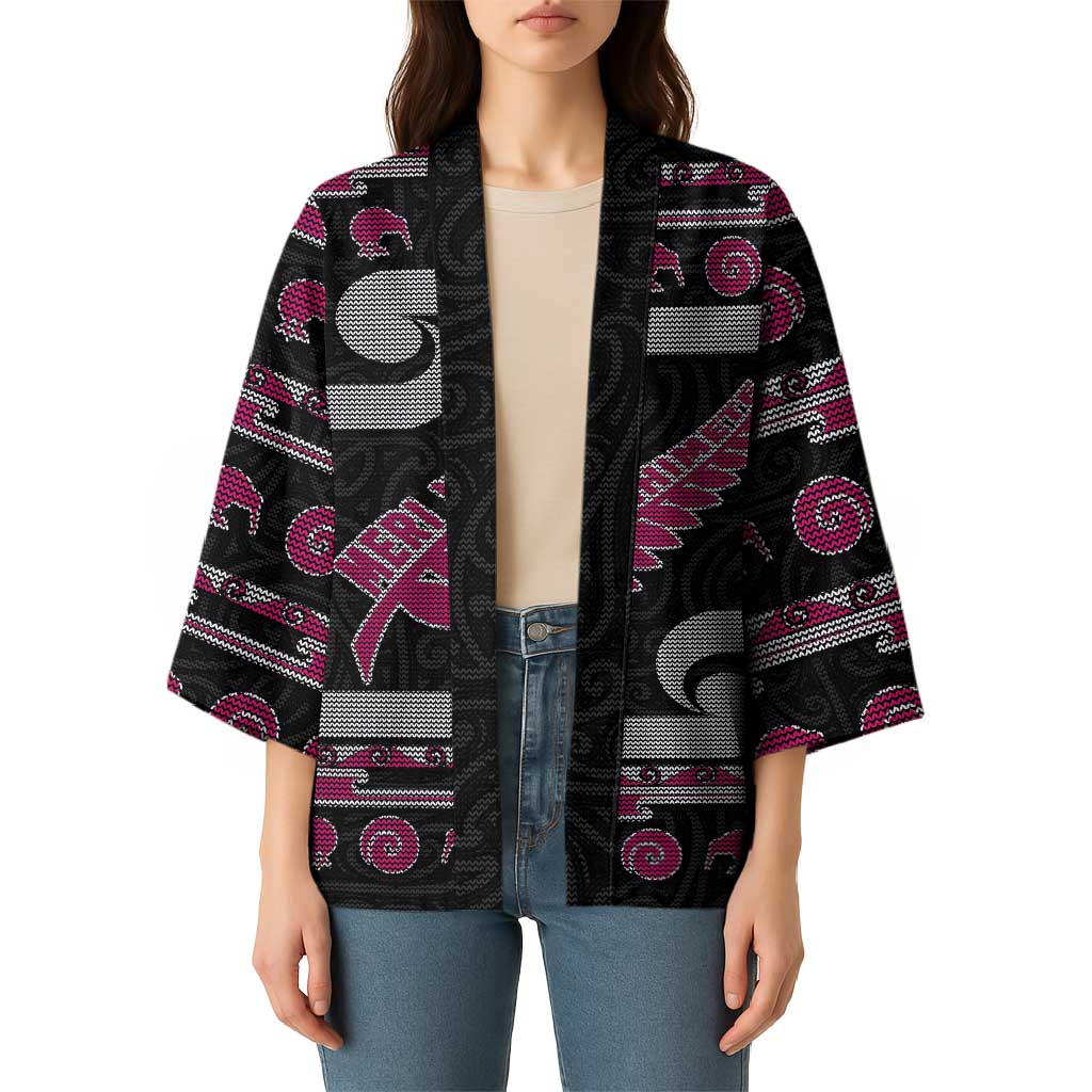 New Zealand Christmas Kimono Meri Kirihimete Silver Fern Knit Style Pink Color - Polynesian Pride