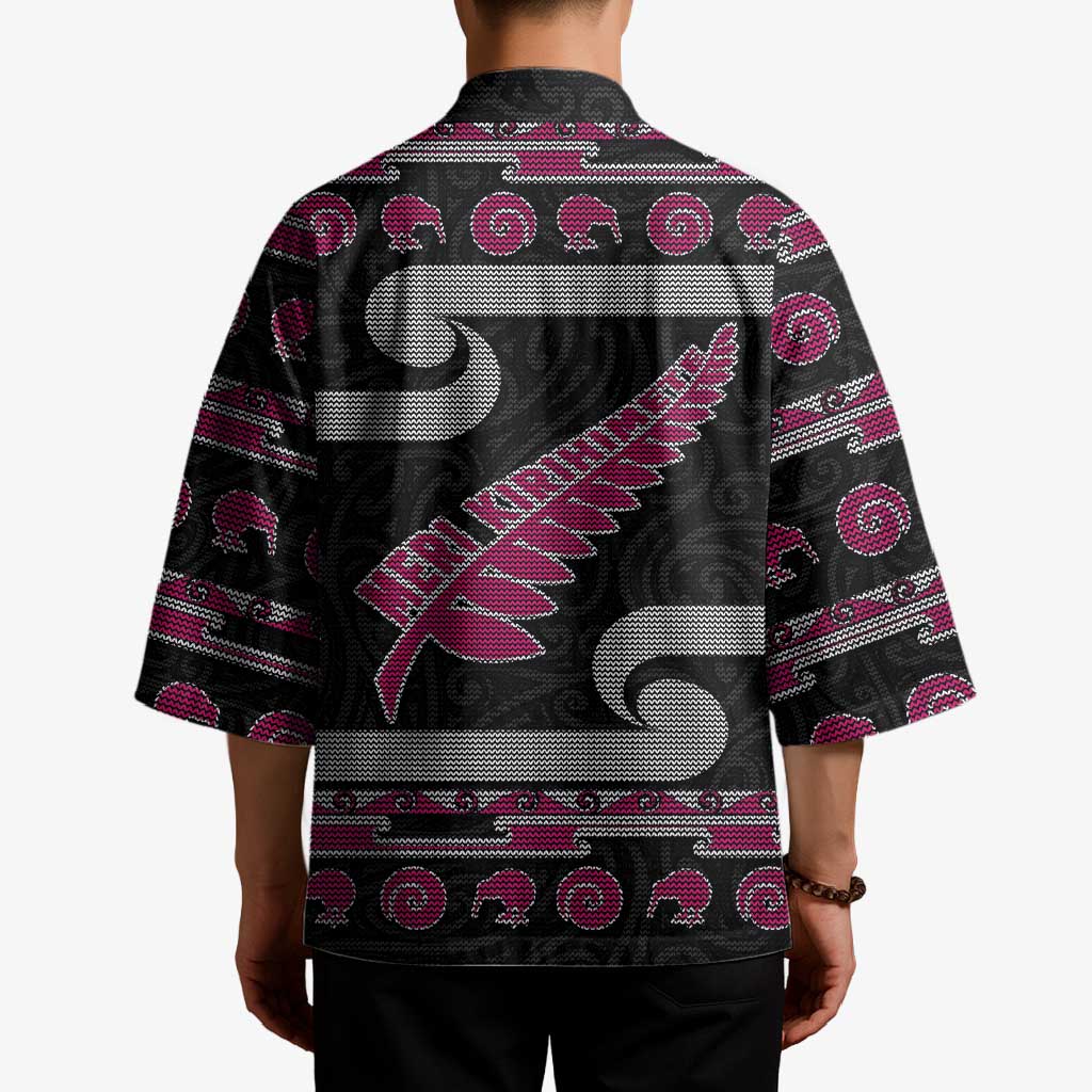 New Zealand Christmas Kimono Meri Kirihimete Silver Fern Knit Style Pink Color - Polynesian Pride