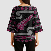 New Zealand Christmas Kimono Sleeve Blouse Meri Kirihimete Silver Fern Knit Style Pink Color - Polynesian Pride