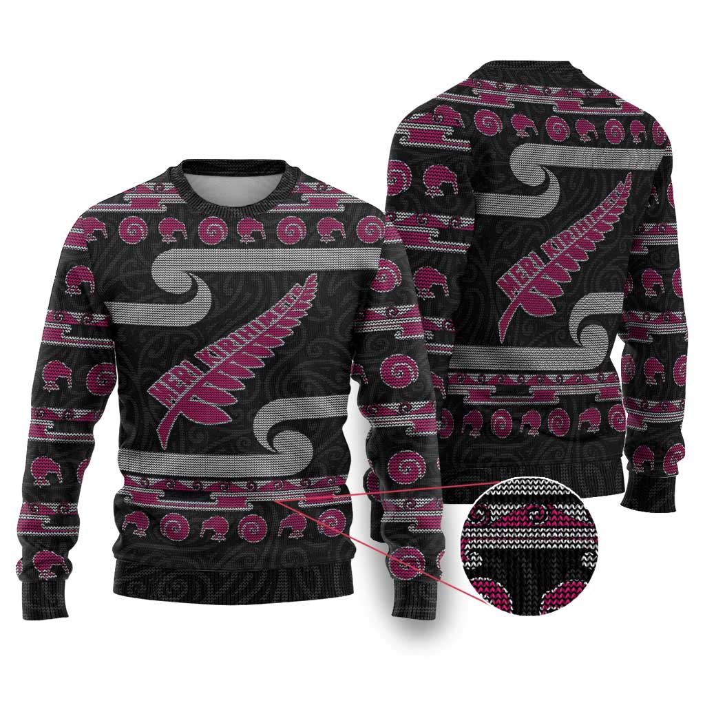 New Zealand Christmas Ugly Christmas Sweater Meri Kirihimete Silver Fern Knit Style Pink Color - Polynesian Pride