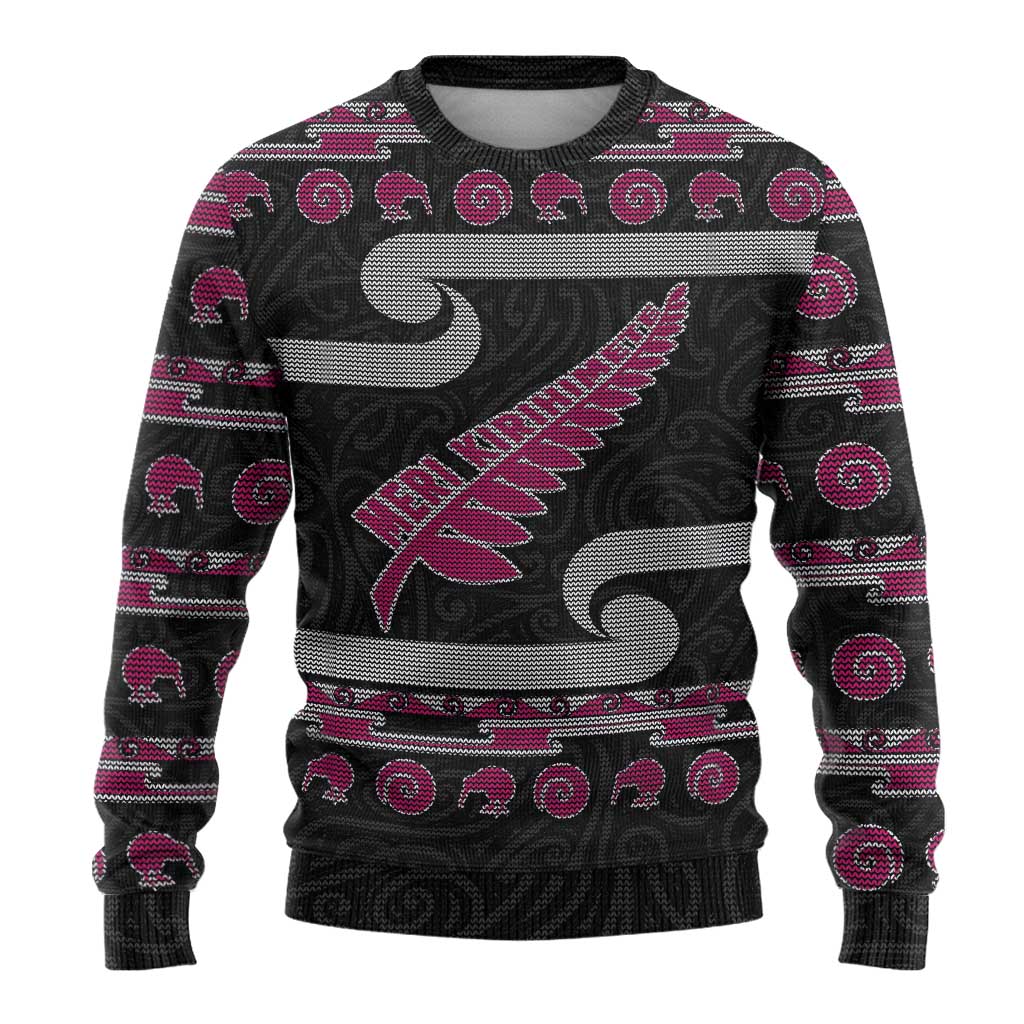 New Zealand Christmas Ugly Christmas Sweater Meri Kirihimete Silver Fern Knit Style Pink Color - Polynesian Pride