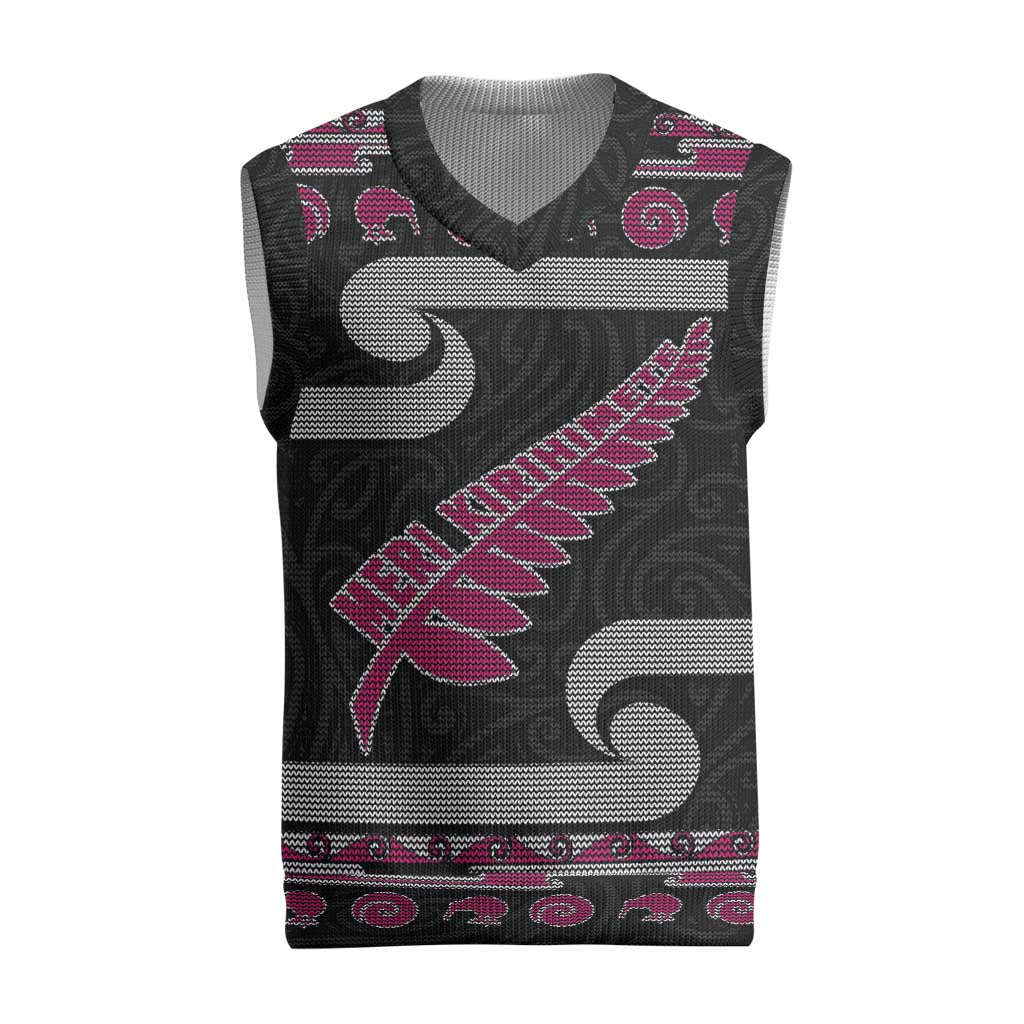 New Zealand Christmas Knitted V-Neck Vest Meri Kirihimete Silver Fern Knit Style Pink Color - Polynesian Pride