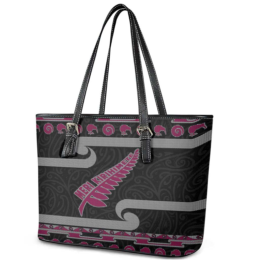 New Zealand Christmas Leather Tote Bag Meri Kirihimete Silver Fern Knit Style Pink Color - Polynesian Pride