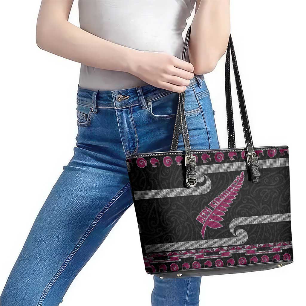 New Zealand Christmas Leather Tote Bag Meri Kirihimete Silver Fern Knit Style Pink Color - Polynesian Pride