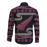 New Zealand Christmas Long Sleeve Button Shirt Meri Kirihimete Silver Fern Knit Style Pink Color - Polynesian Pride