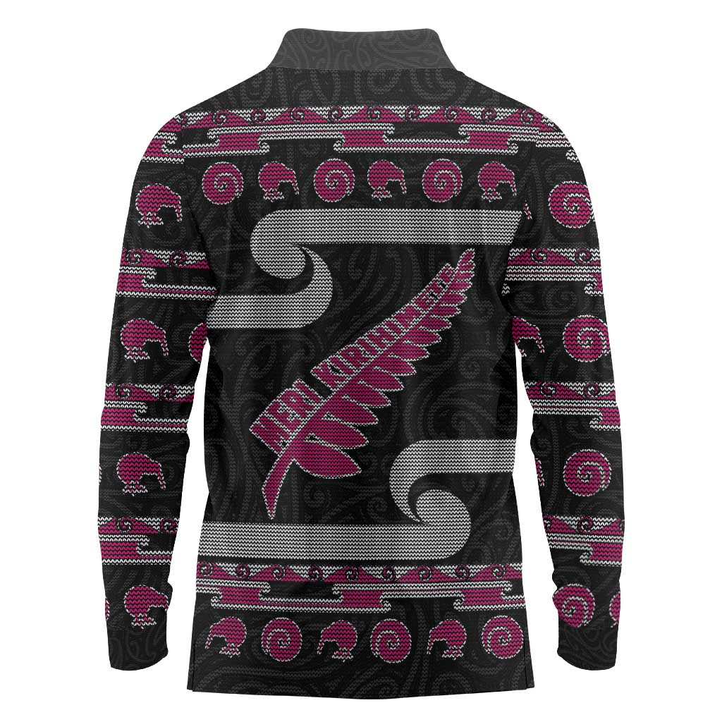 New Zealand Christmas Long Sleeve Polo Shirt Meri Kirihimete Silver Fern Knit Style Pink Color - Polynesian Pride