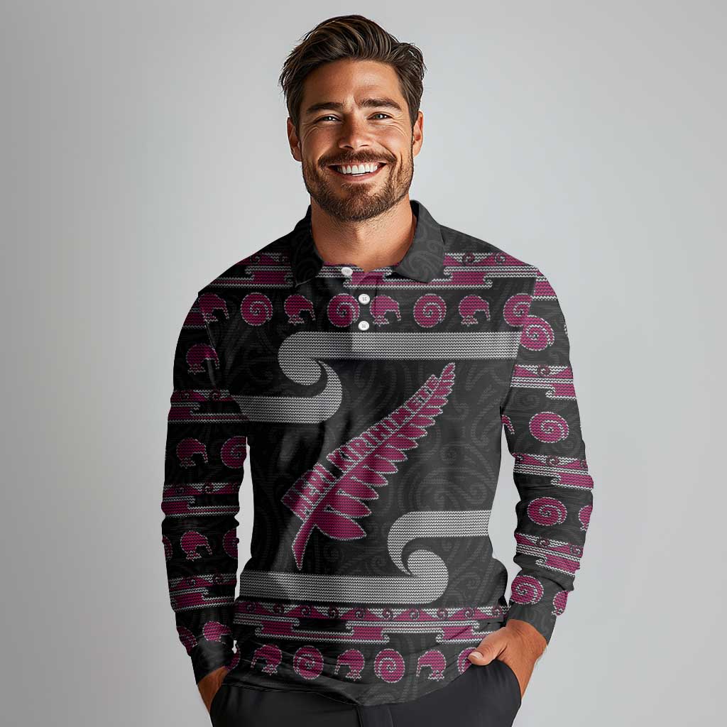 New Zealand Christmas Long Sleeve Polo Shirt Meri Kirihimete Silver Fern Knit Style Pink Color - Polynesian Pride