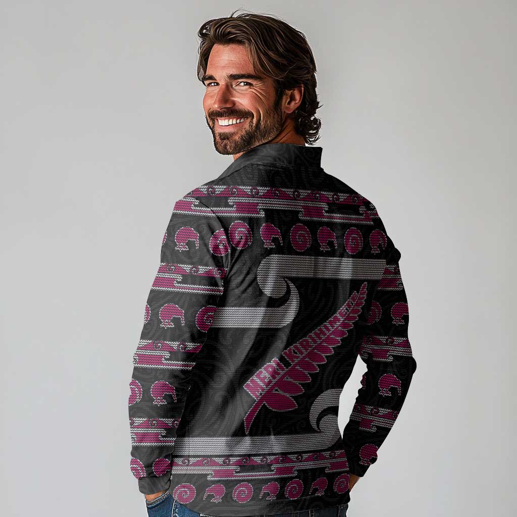 New Zealand Christmas Long Sleeve Polo Shirt Meri Kirihimete Silver Fern Knit Style Pink Color - Polynesian Pride