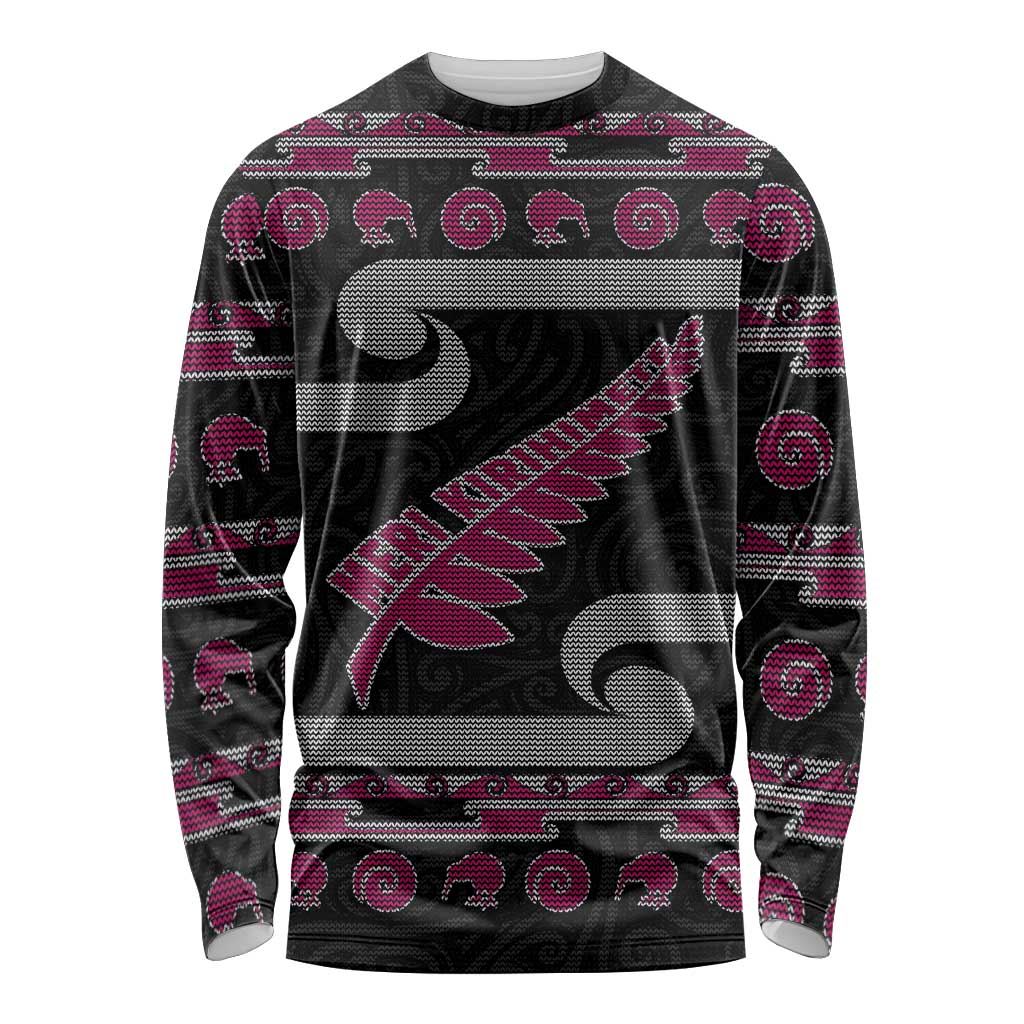 New Zealand Christmas Long Sleeve Shirt Meri Kirihimete Silver Fern Knit Style Pink Color - Polynesian Pride