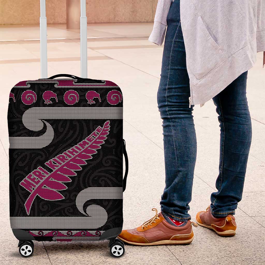 New Zealand Christmas Luggage Cover Meri Kirihimete Silver Fern Knit Style Pink Color - Polynesian Pride
