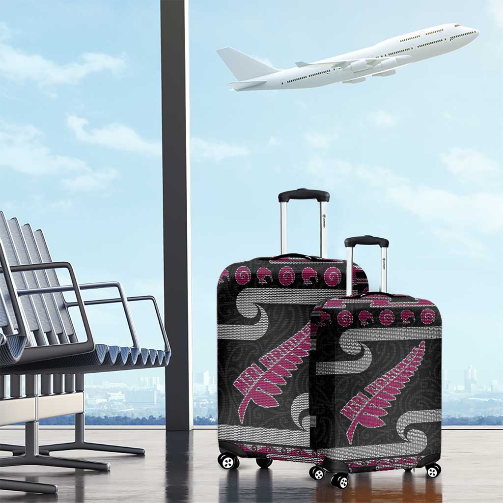 New Zealand Christmas Luggage Cover Meri Kirihimete Silver Fern Knit Style Pink Color - Polynesian Pride