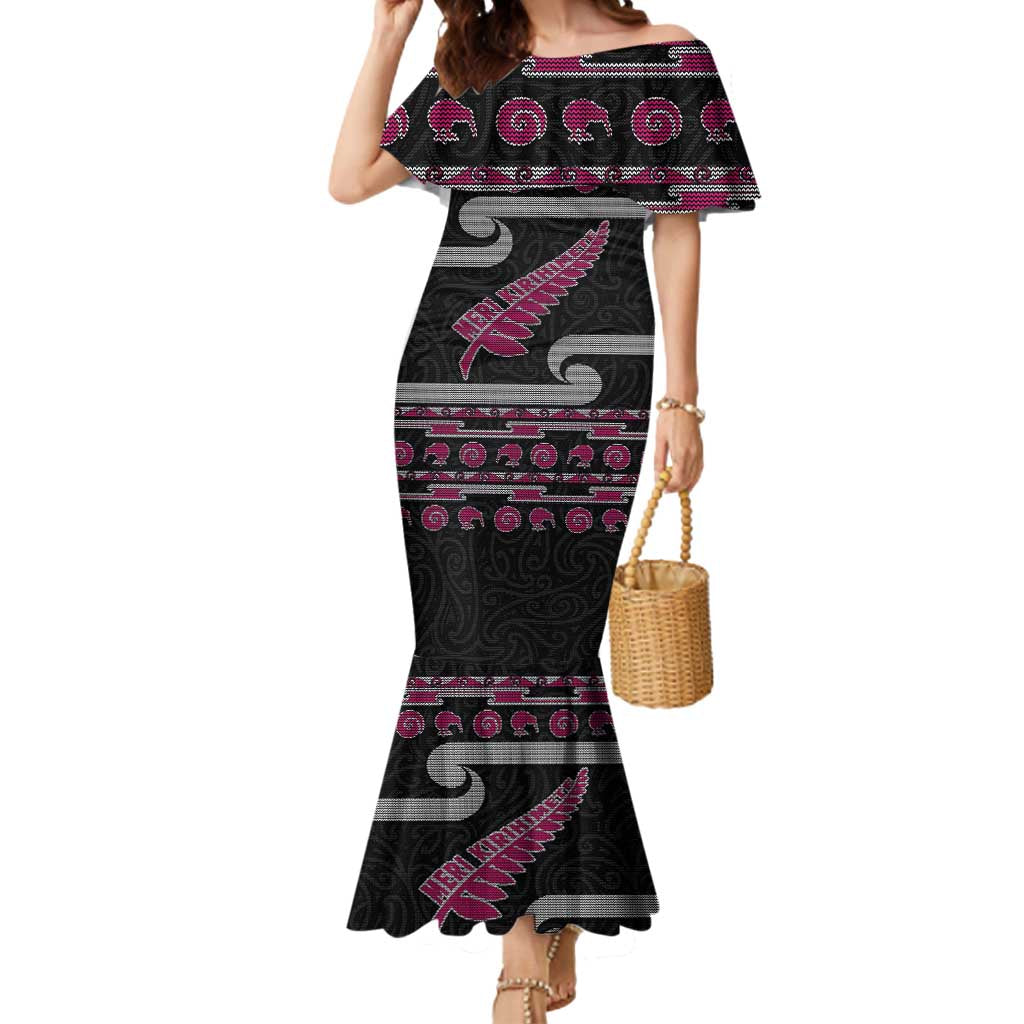 New Zealand Christmas Mermaid Dress Meri Kirihimete Silver Fern Knit Style Pink Color - Polynesian Pride