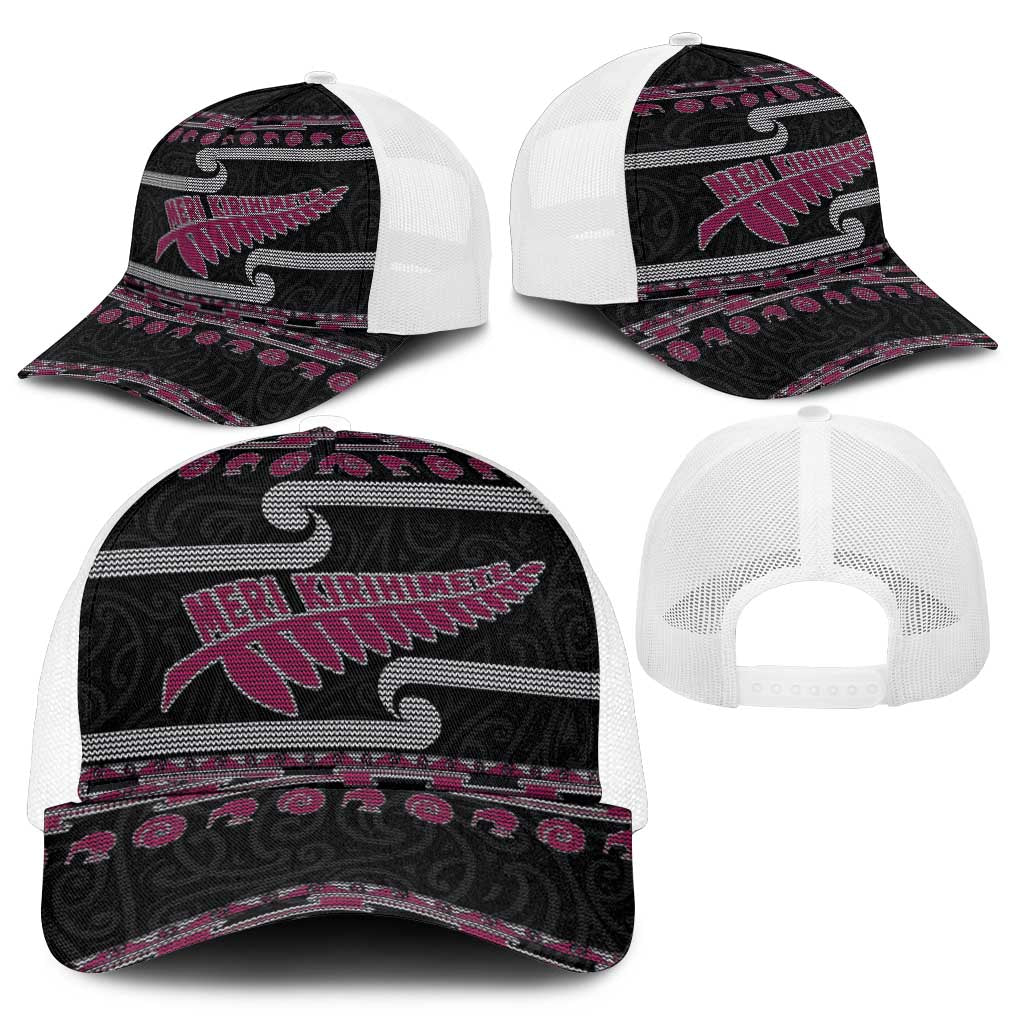 New Zealand Christmas Mesh Trucker Cap Meri Kirihimete Silver Fern Knit Style Pink Color - Polynesian Pride