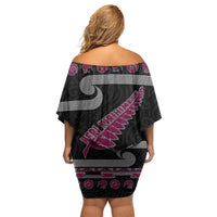 New Zealand Christmas Off Shoulder Short Dress Meri Kirihimete Silver Fern Knit Style Pink Color - Polynesian Pride