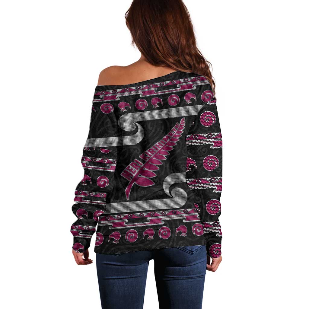 New Zealand Christmas Off Shoulder Sweater Meri Kirihimete Silver Fern Knit Style Pink Color - Polynesian Pride