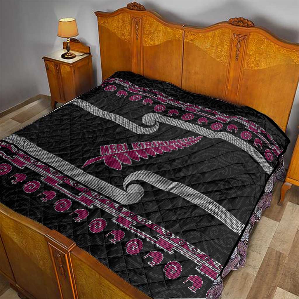 New Zealand Christmas Quilt Meri Kirihimete Silver Fern Knit Style Pink Color - Polynesian Pride