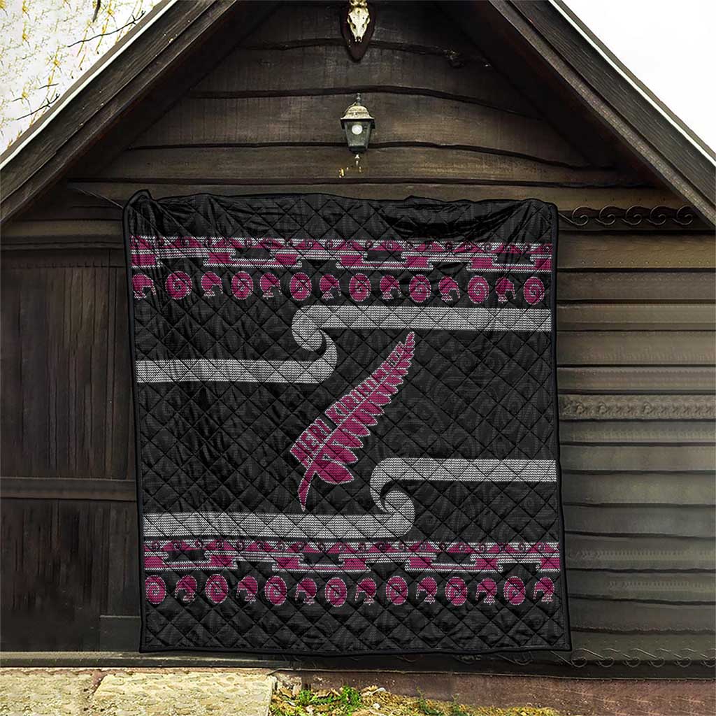 New Zealand Christmas Quilt Meri Kirihimete Silver Fern Knit Style Pink Color - Polynesian Pride
