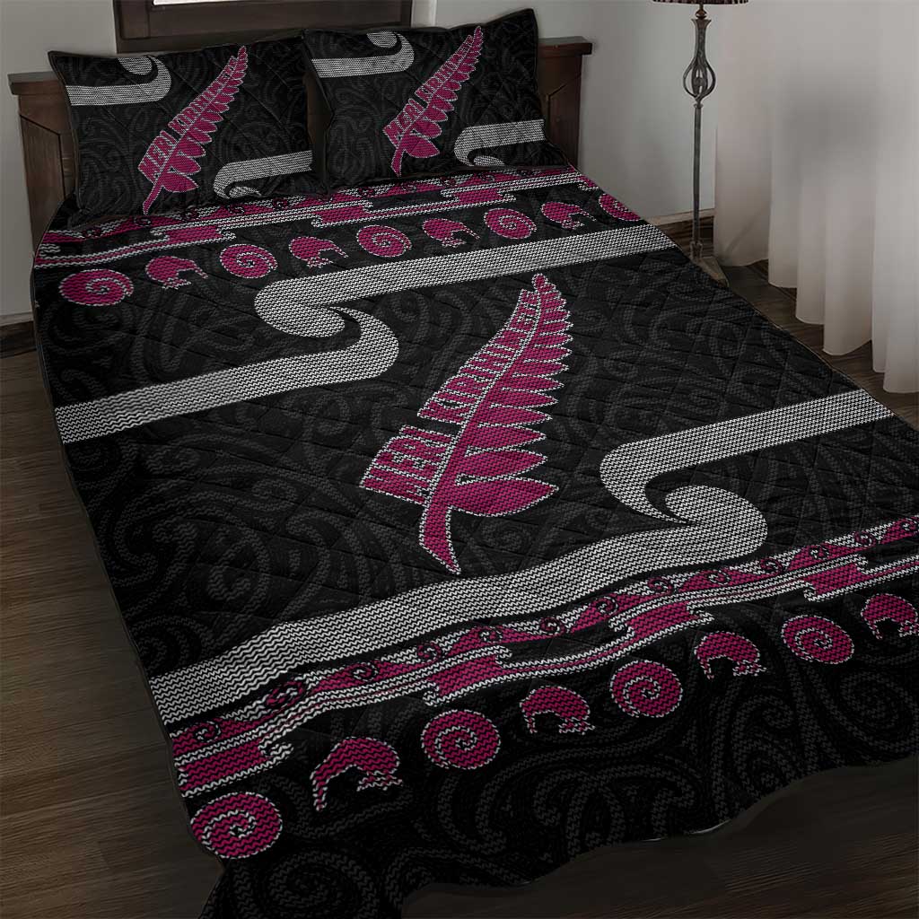 New Zealand Christmas Quilt Bed Set Meri Kirihimete Silver Fern Knit Style Pink Color - Polynesian Pride
