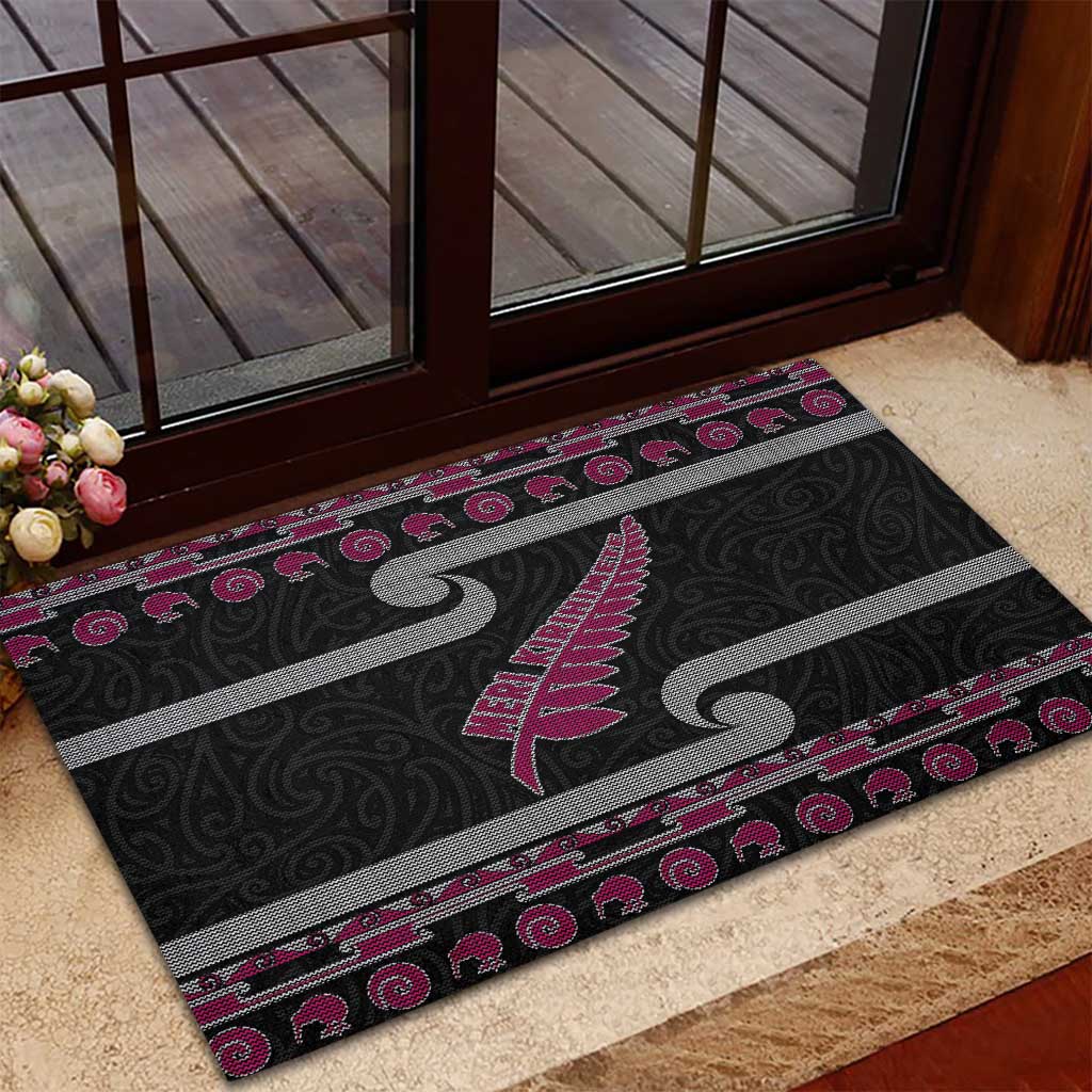 New Zealand Christmas Rubber Doormat Meri Kirihimete Silver Fern Knit Style Pink Color - Polynesian Pride