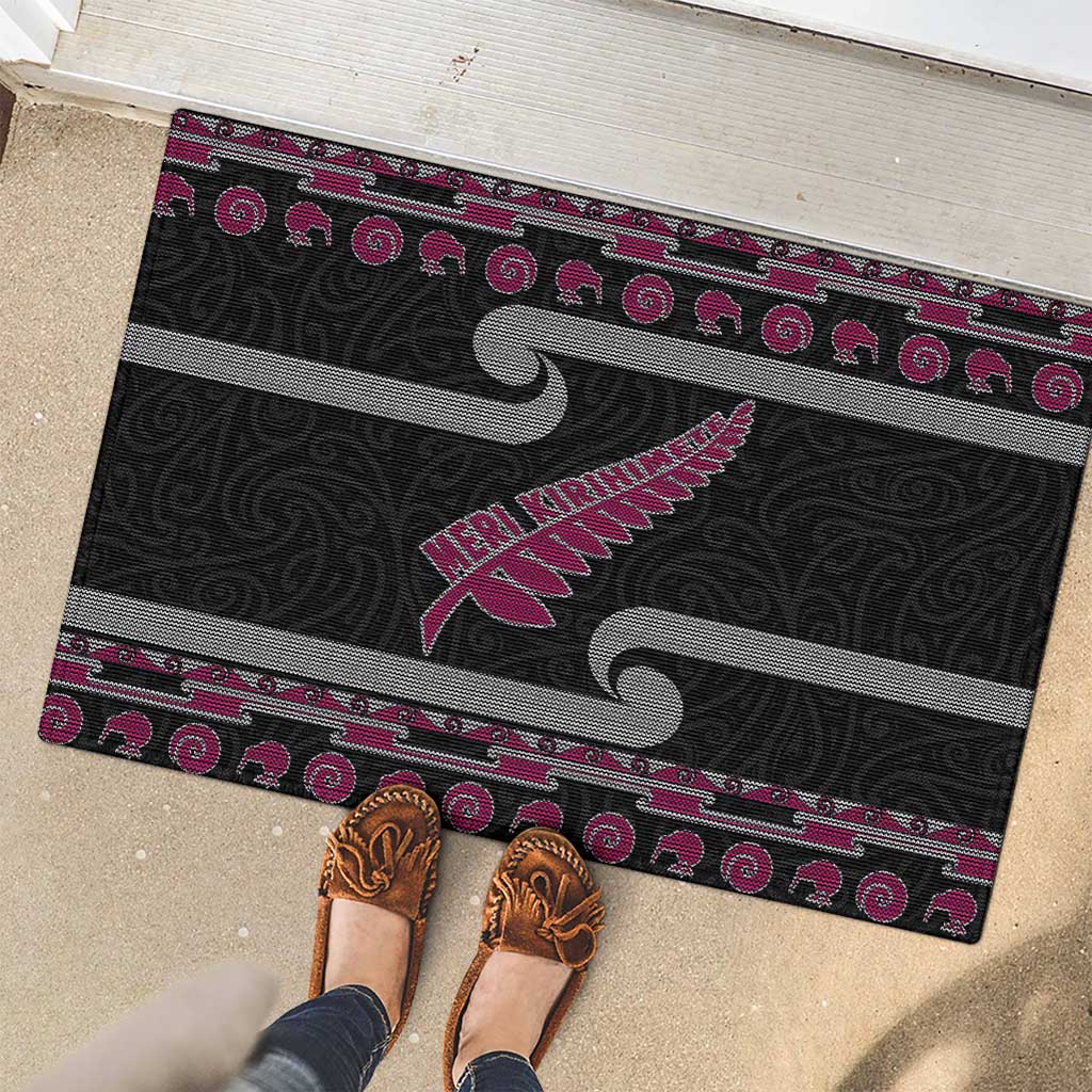 New Zealand Christmas Rubber Doormat Meri Kirihimete Silver Fern Knit Style Pink Color - Polynesian Pride