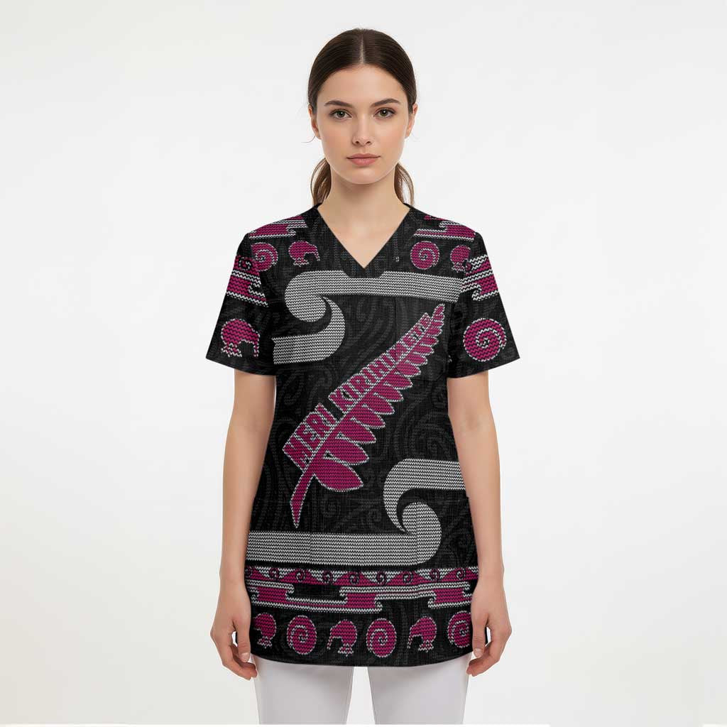 New Zealand Christmas Scrub Top Meri Kirihimete Silver Fern Knit Style Pink Color - Polynesian Pride