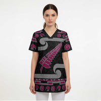 New Zealand Christmas Scrub Top Meri Kirihimete Silver Fern Knit Style Pink Color - Polynesian Pride