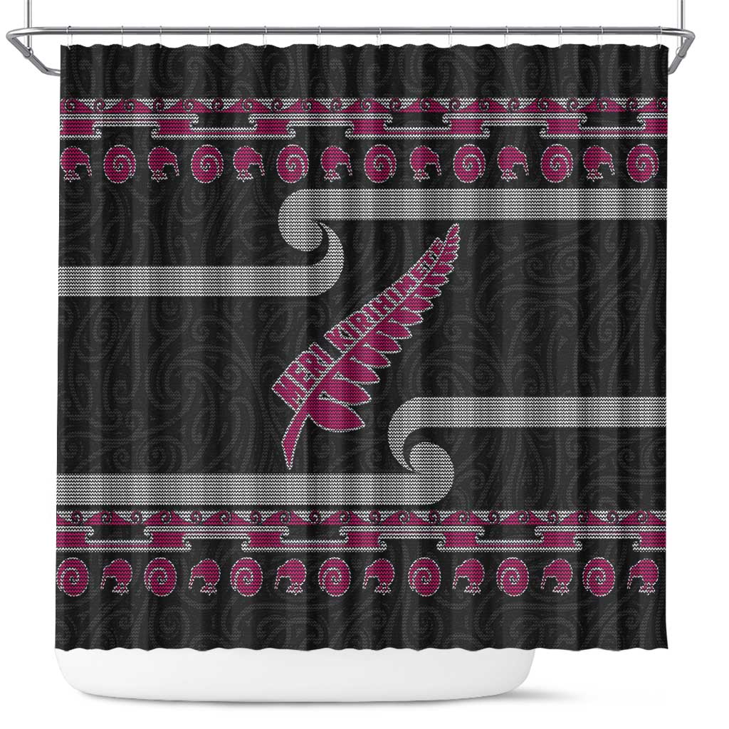 New Zealand Christmas Shower Curtain Meri Kirihimete Silver Fern Knit Style Pink Color - Polynesian Pride
