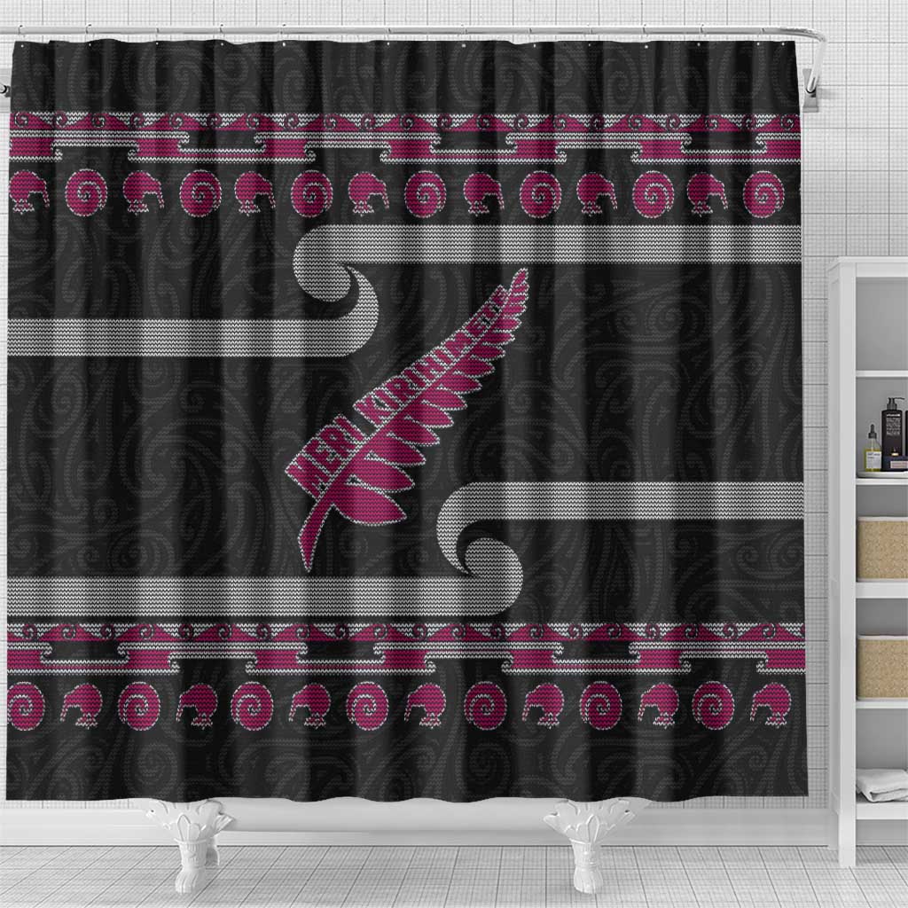 New Zealand Christmas Shower Curtain Meri Kirihimete Silver Fern Knit Style Pink Color - Polynesian Pride
