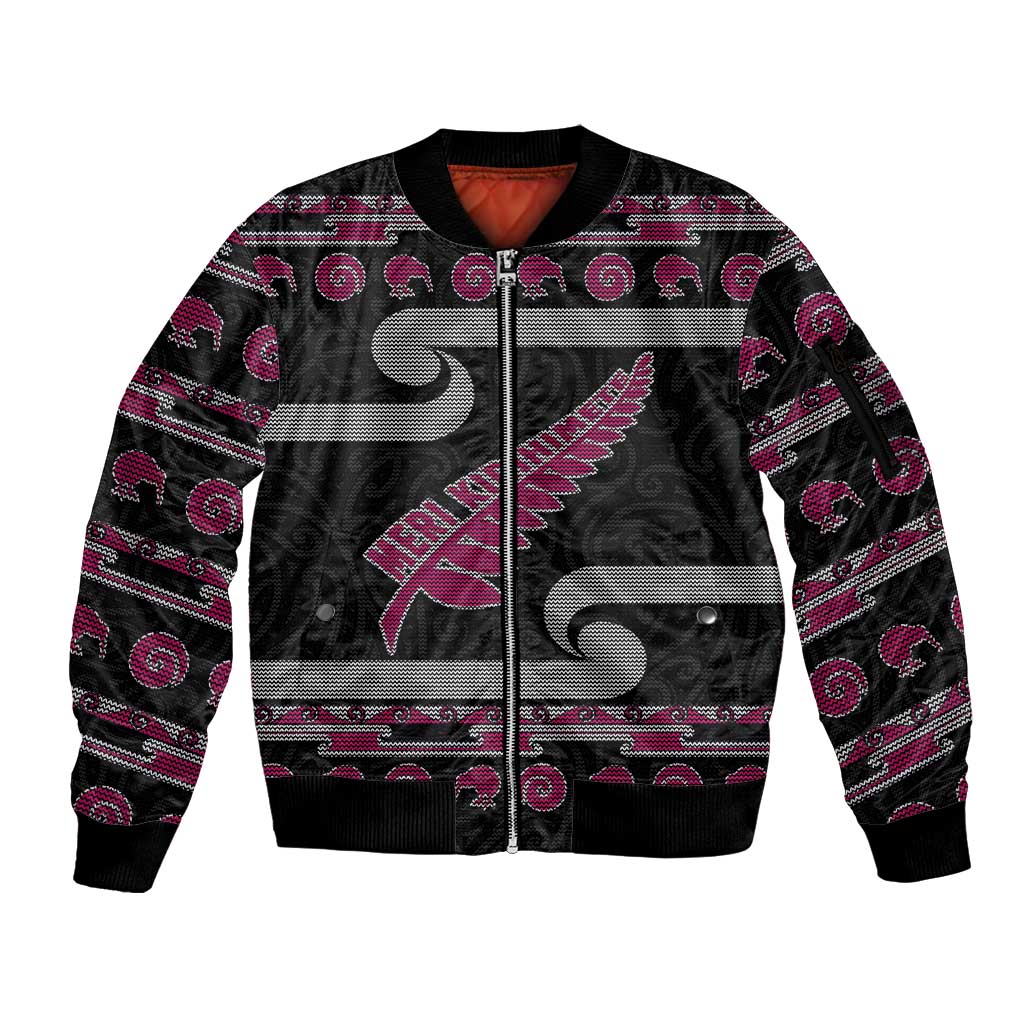 New Zealand Christmas Sleeve Zip Bomber Jacket Meri Kirihimete Silver Fern Knit Style Pink Color - Polynesian Pride