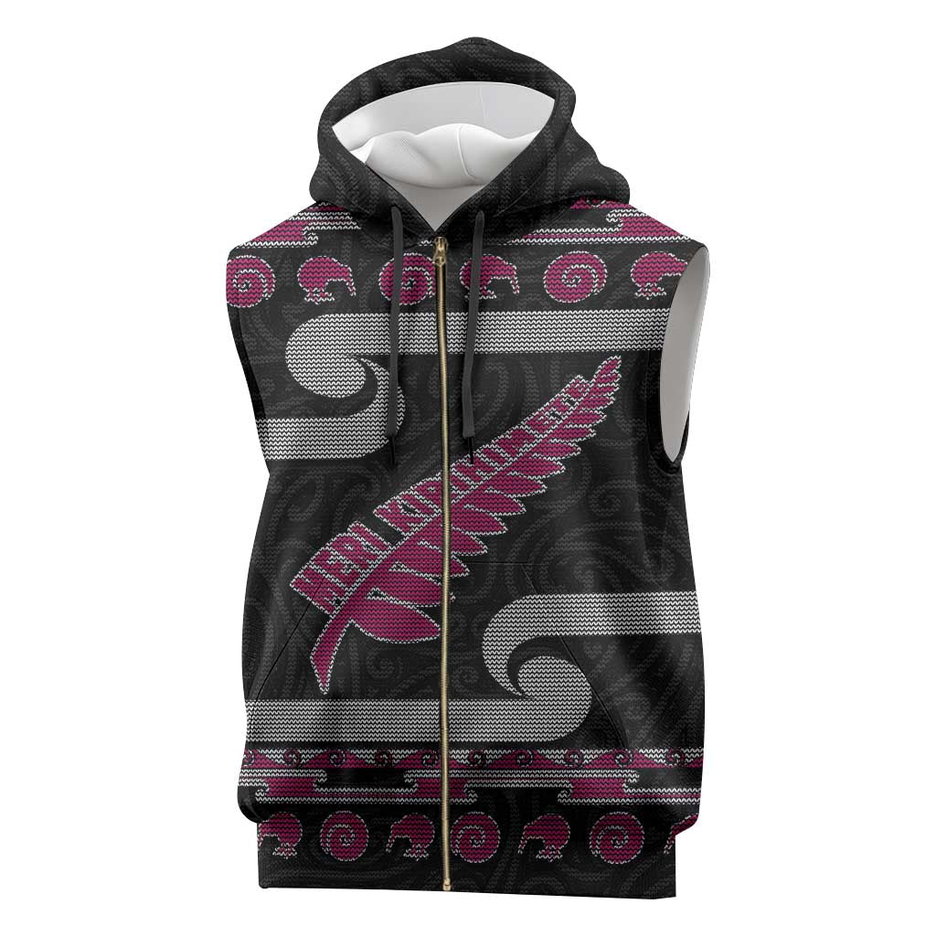 New Zealand Christmas Sleeveless Zip Hoodie Meri Kirihimete Silver Fern Knit Style Pink Color - Polynesian Pride