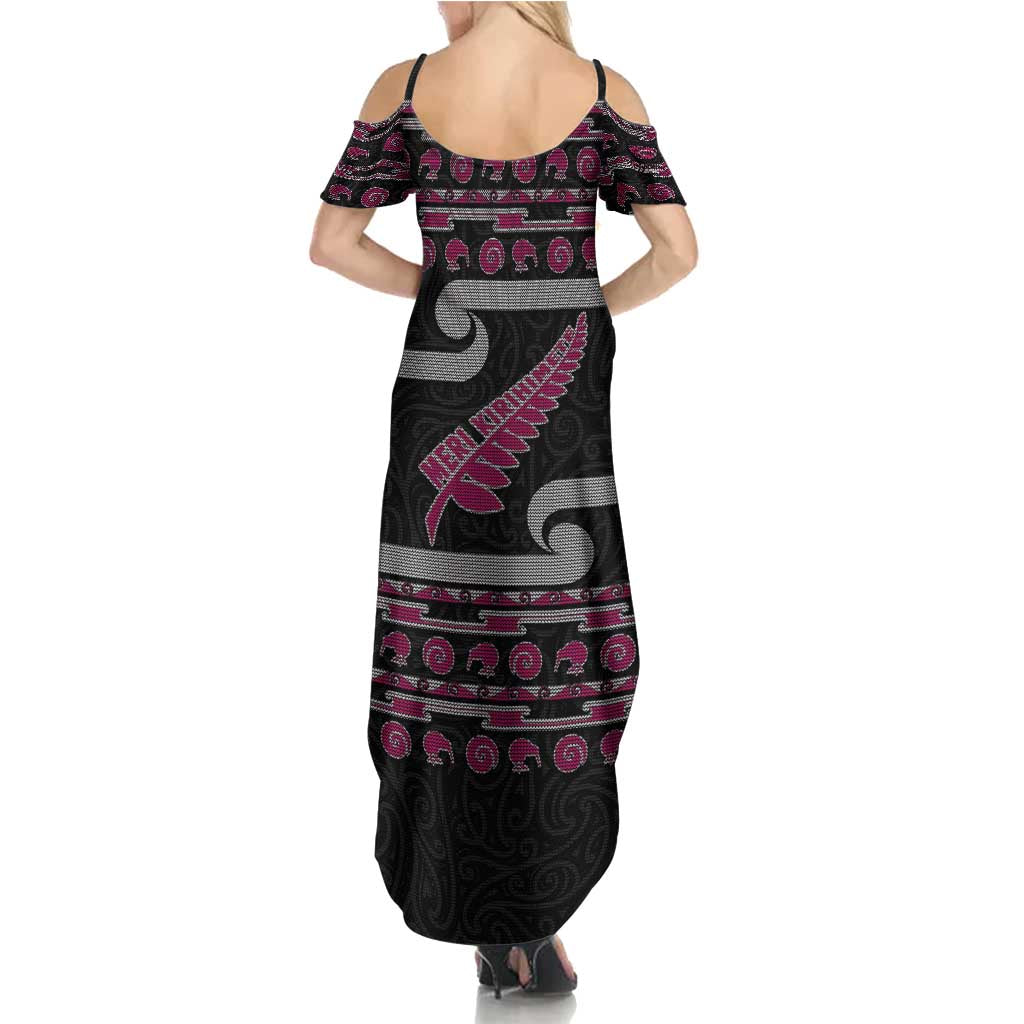 New Zealand Christmas Summer Maxi Dress Meri Kirihimete Silver Fern Knit Style Pink Color - Polynesian Pride