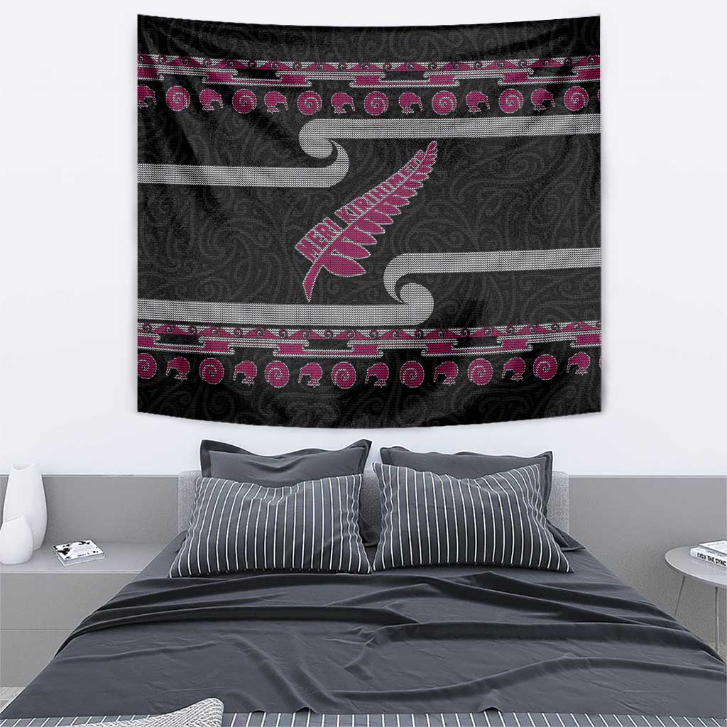 New Zealand Christmas Tapestry Meri Kirihimete Silver Fern Knit Style Pink Color - Polynesian Pride