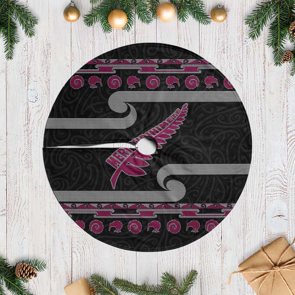 New Zealand Christmas Tree Skirt Meri Kirihimete Silver Fern Knit Style Pink Color - Polynesian Pride