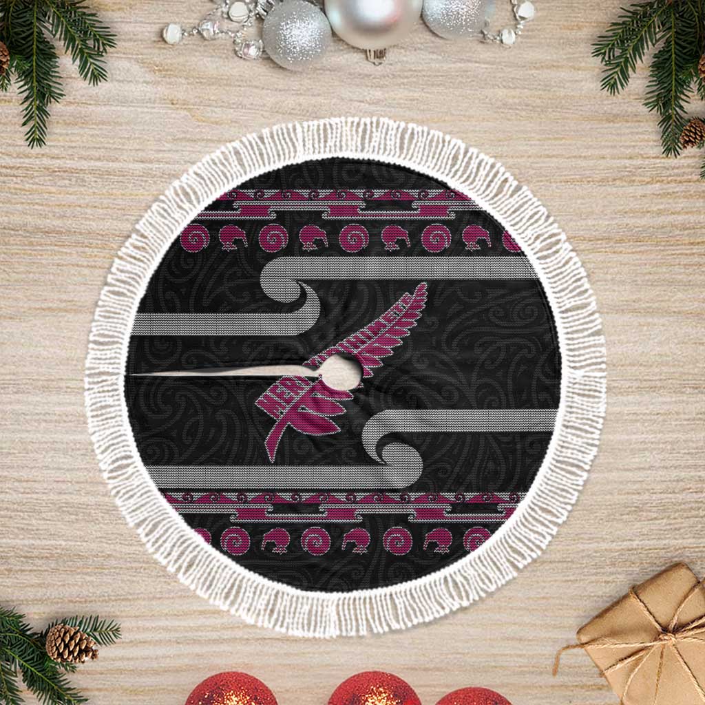 New Zealand Christmas Tree Skirt Meri Kirihimete Silver Fern Knit Style Pink Color - Polynesian Pride