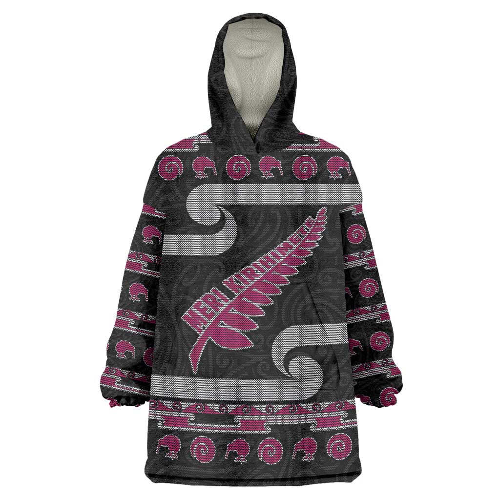 New Zealand Christmas Wearable Blanket Hoodie Meri Kirihimete Silver Fern Knit Style Pink Color - Polynesian Pride