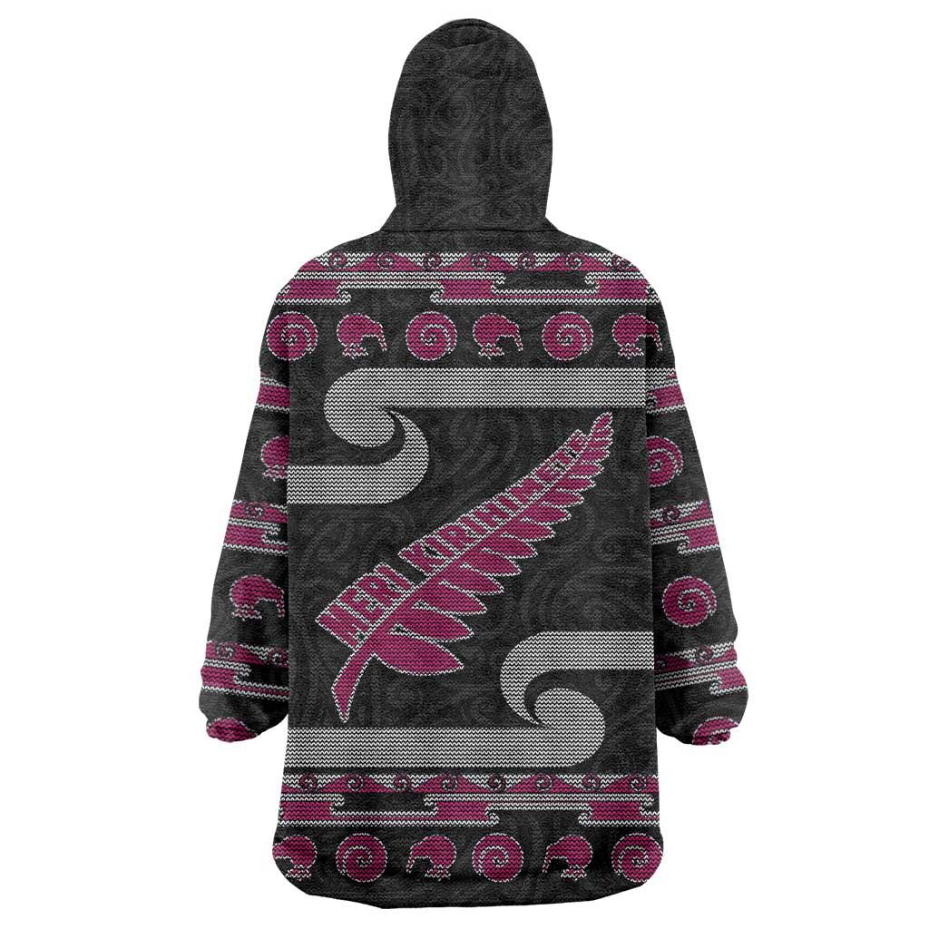 New Zealand Christmas Wearable Blanket Hoodie Meri Kirihimete Silver Fern Knit Style Pink Color - Polynesian Pride