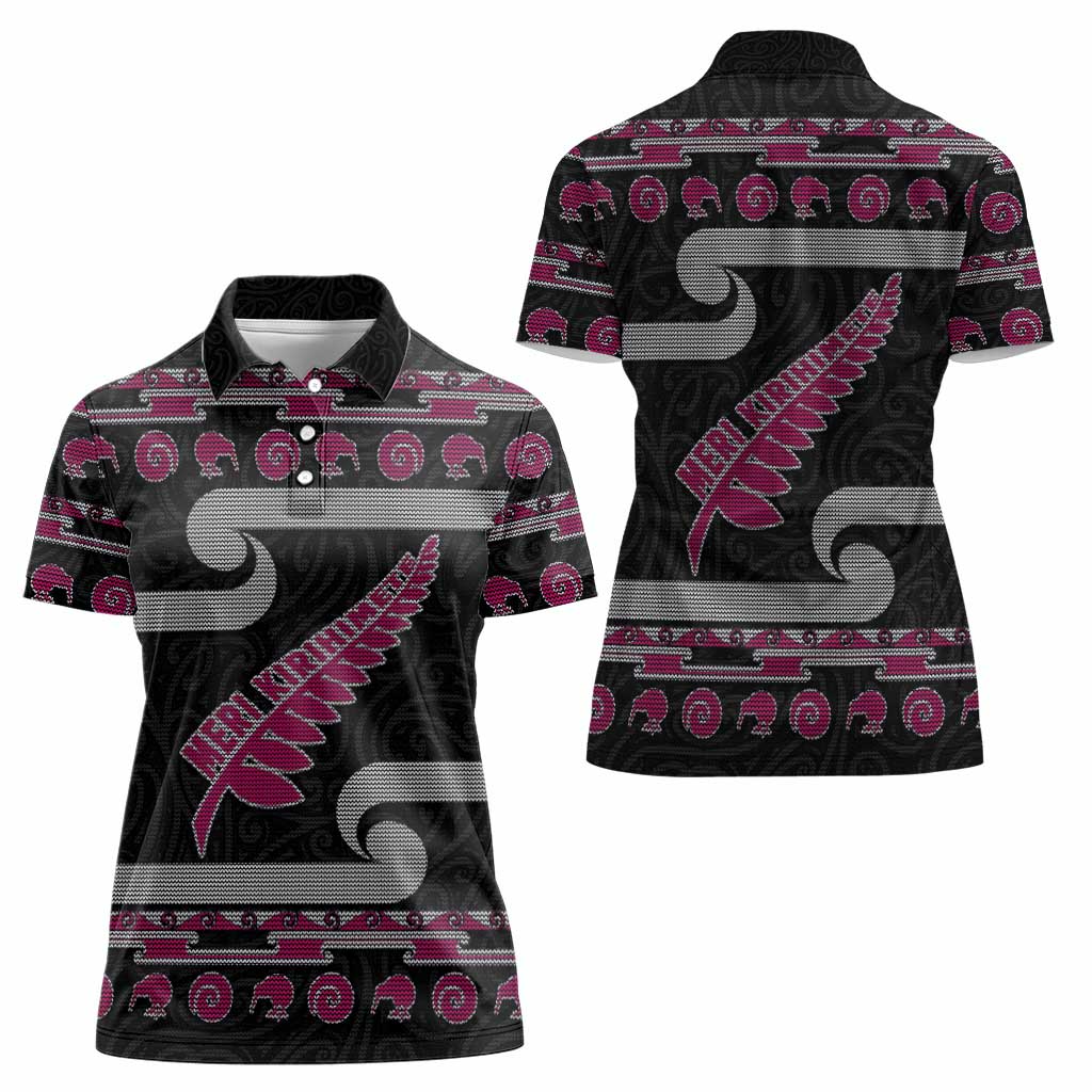 New Zealand Christmas Women Polo Shirt Meri Kirihimete Silver Fern Knit Style Pink Color - Polynesian Pride