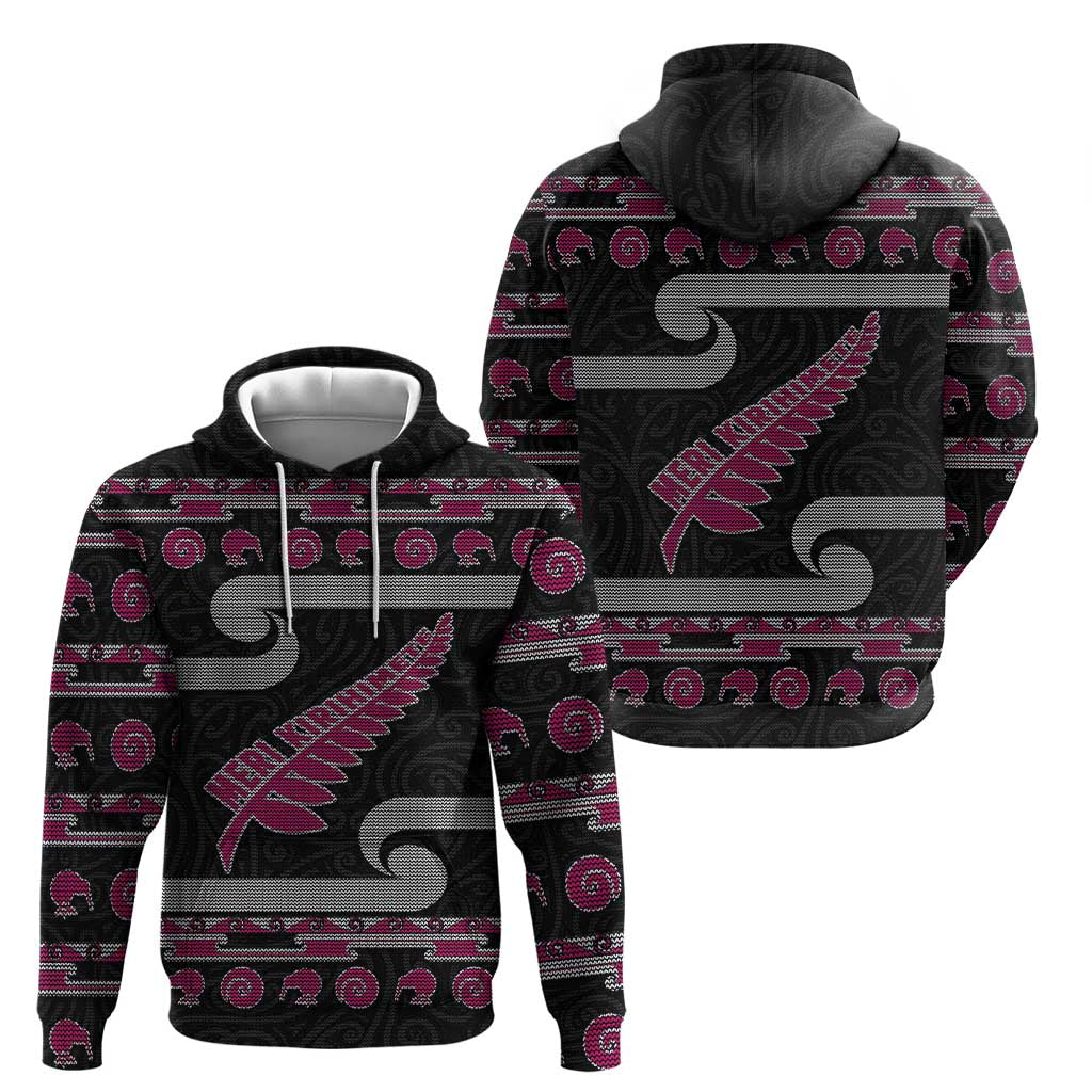 New Zealand Christmas Zip Hoodie Meri Kirihimete Silver Fern Knit Style Pink Color - Polynesian Pride