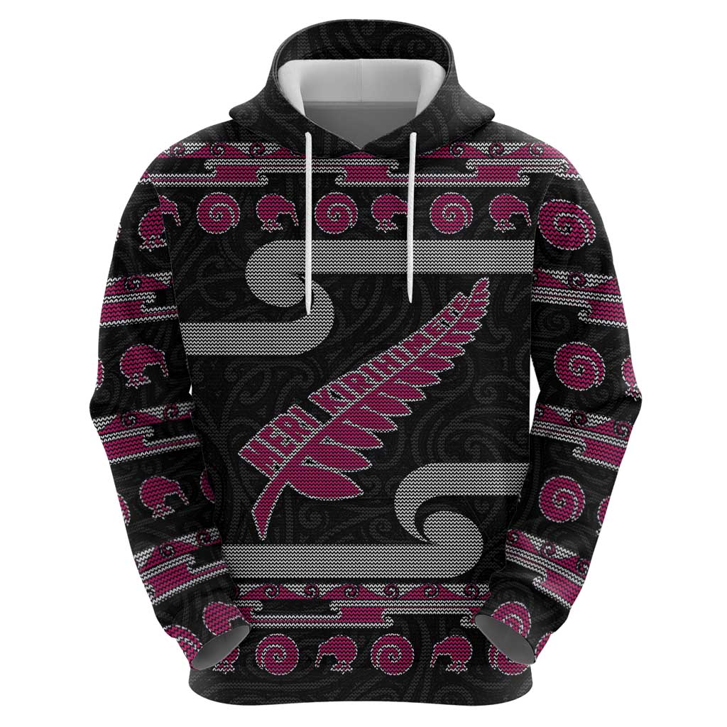 New Zealand Christmas Zip Hoodie Meri Kirihimete Silver Fern Knit Style Pink Color - Polynesian Pride