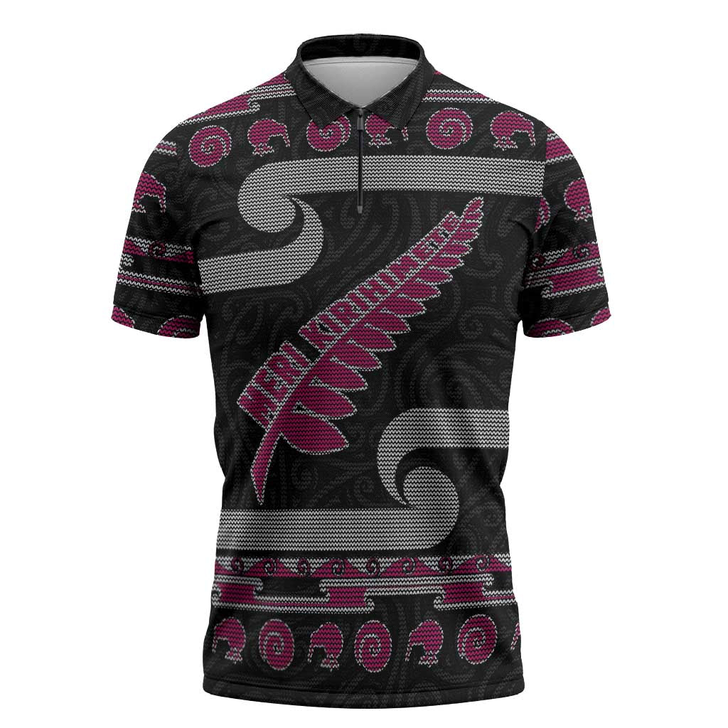 New Zealand Christmas Zipper Polo Shirt Meri Kirihimete Silver Fern Knit Style Pink Color - Polynesian Pride