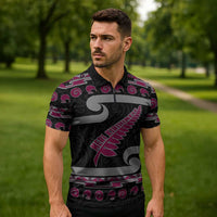 New Zealand Christmas Zipper Polo Shirt Meri Kirihimete Silver Fern Knit Style Pink Color - Polynesian Pride