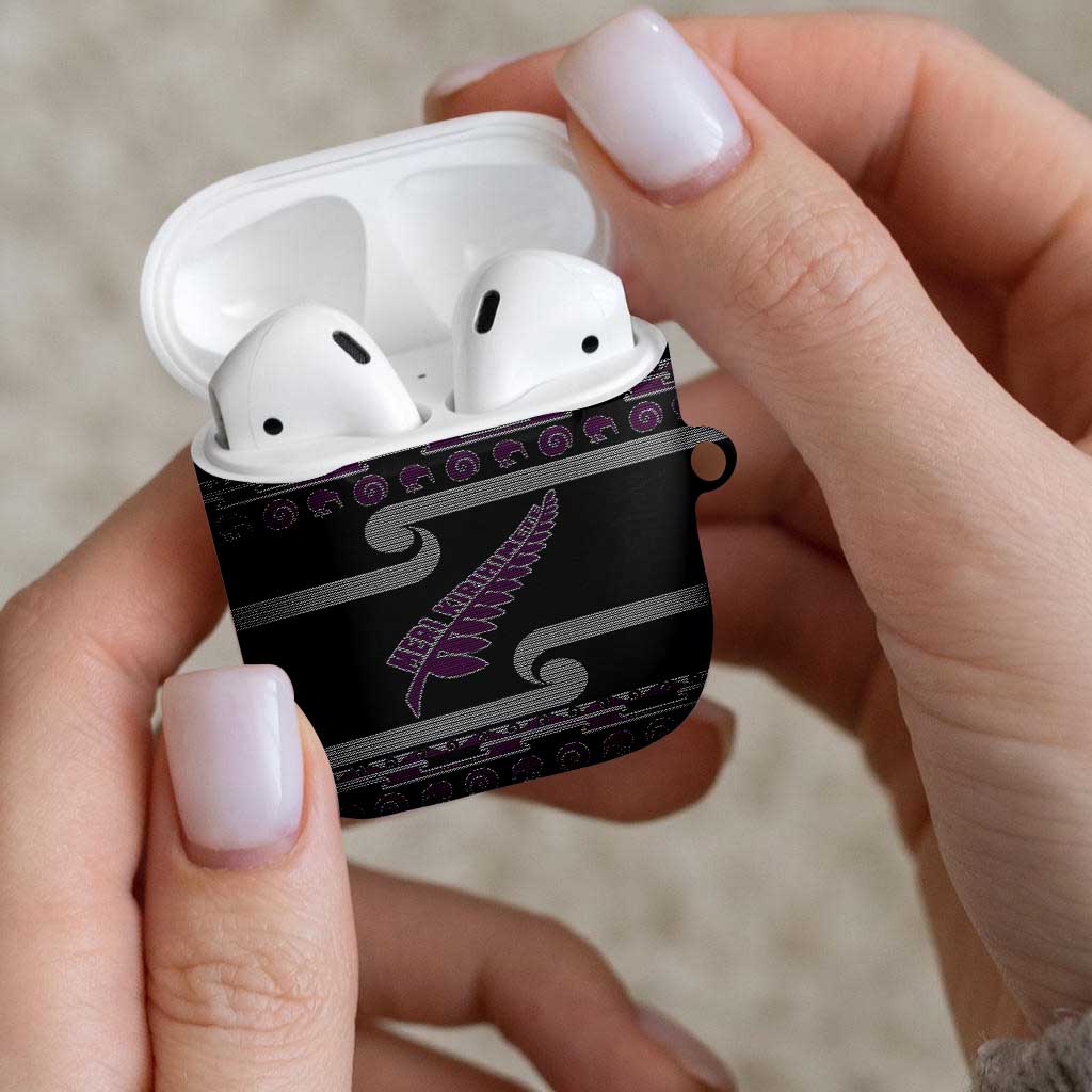New Zealand Christmas AirPods Case Meri Kirihimete Silver Fern Knit Style Purple Color - Polynesian Pride