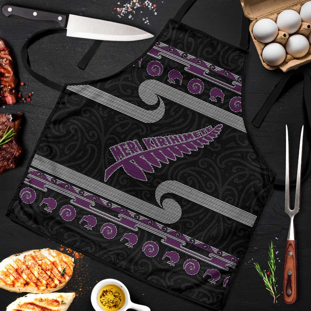 New Zealand Christmas Apron Meri Kirihimete Silver Fern Knit Style Purple Color - Polynesian Pride